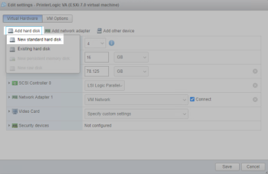 ESXi virtual machine Edit settings with Add hard disk and New standard hard disk options highlighted.